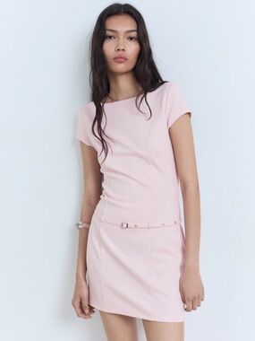 Mango Pale Pink Short-Belted Mini Dress
